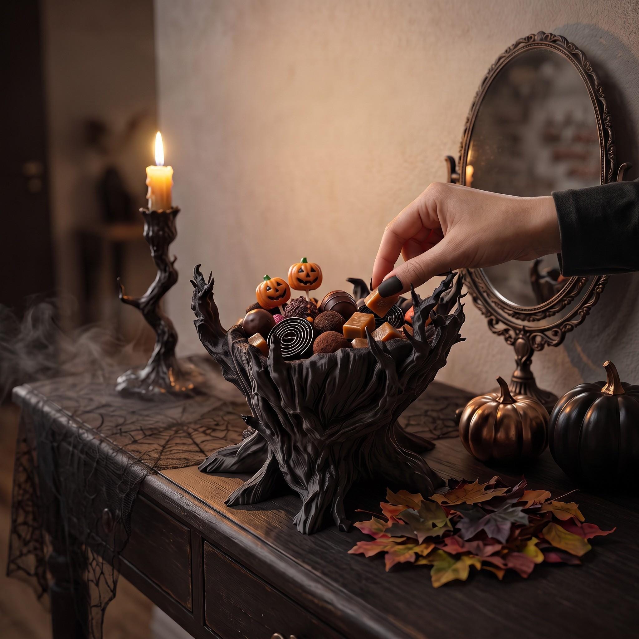 Spooky Tree Candy Bowl, 3D Printed Halloween Decor, Hollow Tree Trick or Treat Candy Holder, Spooky Tabletop Decoration