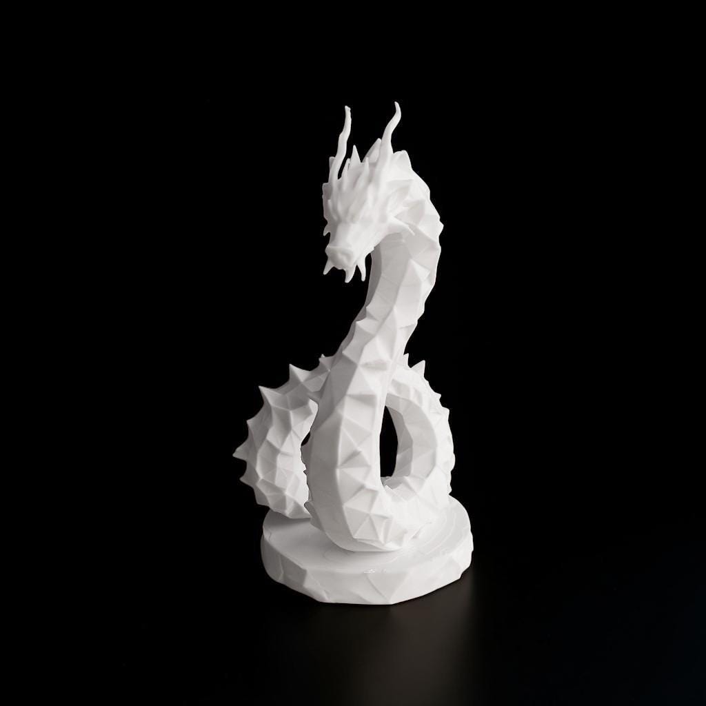 Low Poly Hydra Dragon Sculpture, 3D Printed White Geometric Fantasy Figurine, Modern Shelf Decor & Collectible Statue