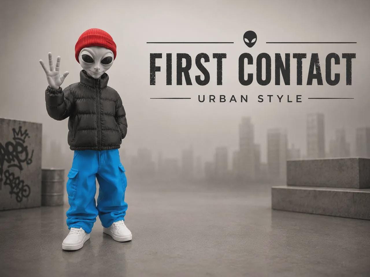 Gray Alien Figurine 3D Printed, Urban Streetwear Alien Desk Decor, Sci-Fi Shelf Collectible