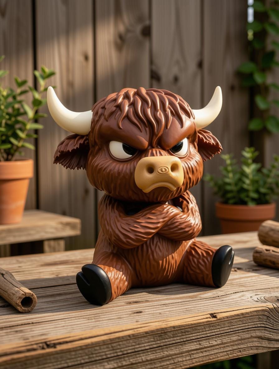 Grumpy Highland Cow 3D Printed Figurine, Funny Fluffy Cow Desk Decor, Office Shelf Collectible