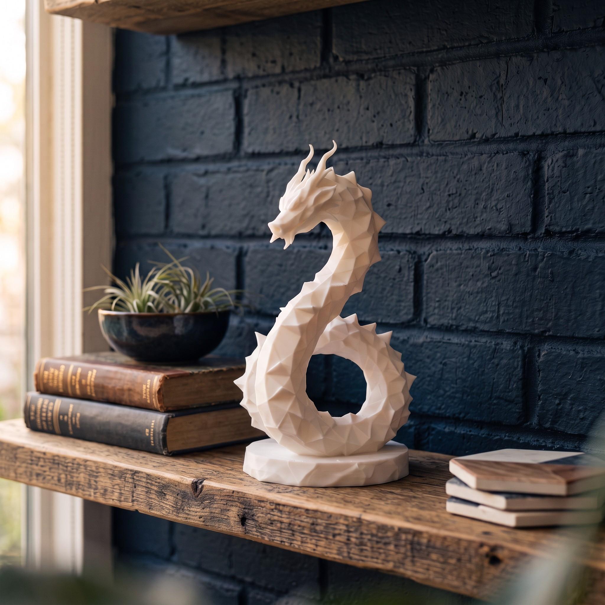 Low Poly Hydra Dragon Sculpture, 3D Printed White Geometric Fantasy Figurine, Modern Shelf Decor & Collectible Statue