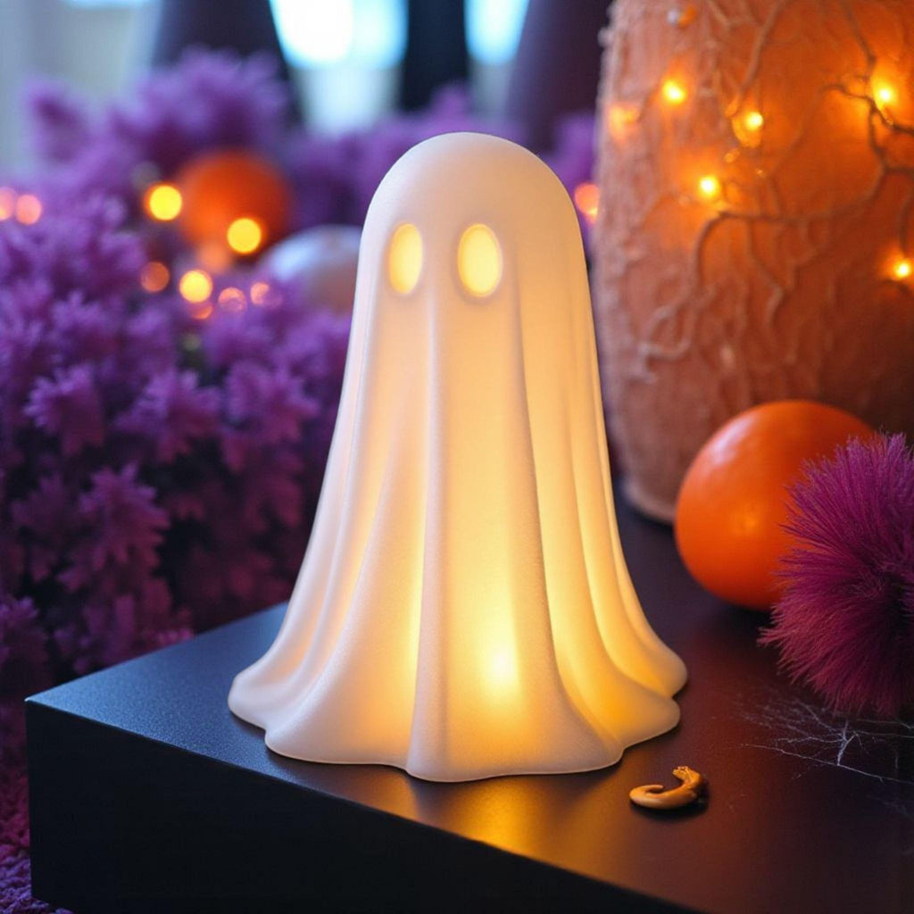 Ghost Lamp for LED Tealight, 3D Printed Halloween Decor, Cute Spooky Night Light, Fall Mantel & Desk Decoration