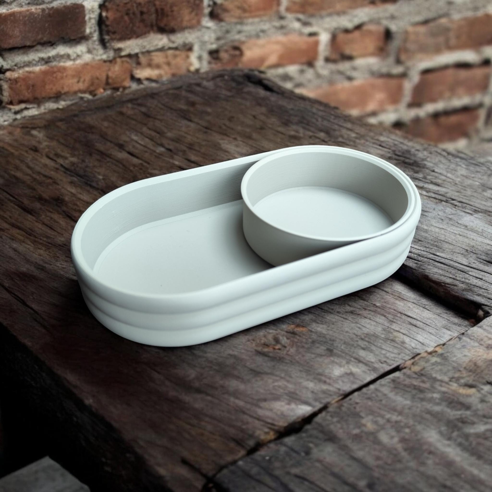 Mid-Century Modern Catch-All Tray with Sliding Coin Bowl, 3D Printed Ribbed Valet Tray, Modern Desk & Dresser Organizer