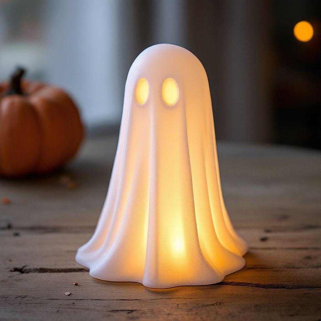 Ghost Lamp for LED Tealight, 3D Printed Halloween Decor, Cute Spooky Night Light, Fall Mantel & Desk Decoration
