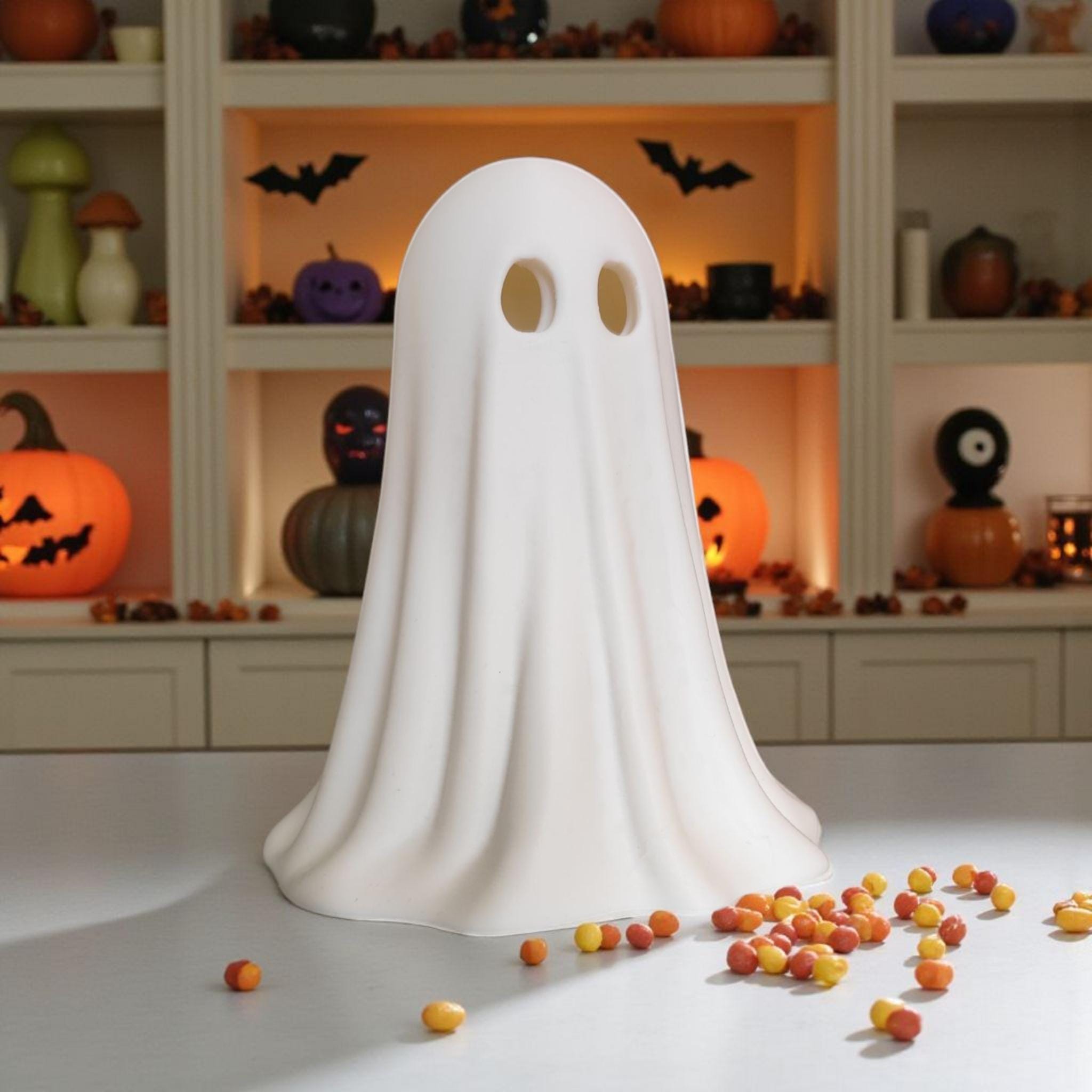 Ghost Lamp for LED Tealight, 3D Printed Halloween Decor, Cute Spooky Night Light, Fall Mantel & Desk Decoration