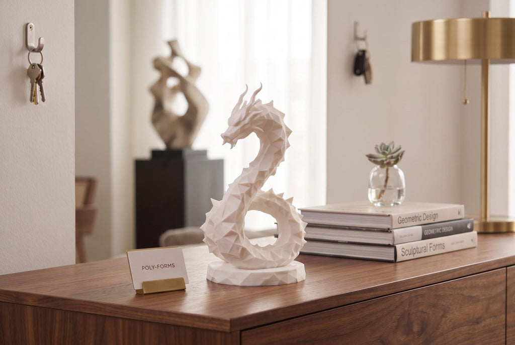 Low Poly Hydra Dragon Sculpture, 3D Printed White Geometric Fantasy Figurine, Modern Shelf Decor & Collectible Statue