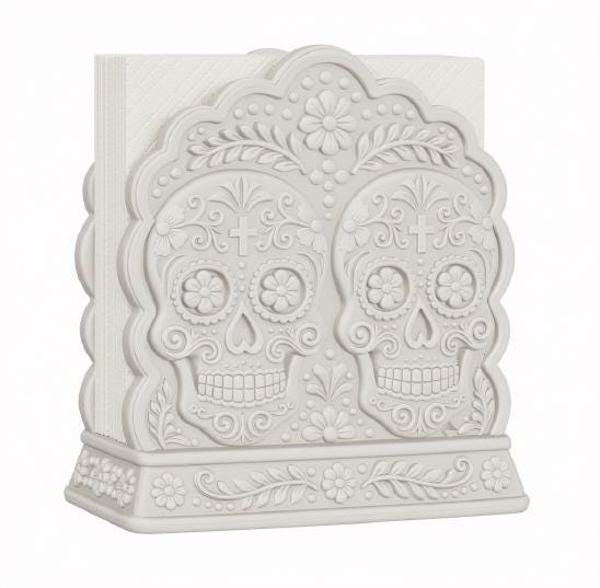 Ornate Sugar Skull Napkin Holder, Sculptural Day of the Dead Table Accent, 3D Printed Dia de los Muertos Decor