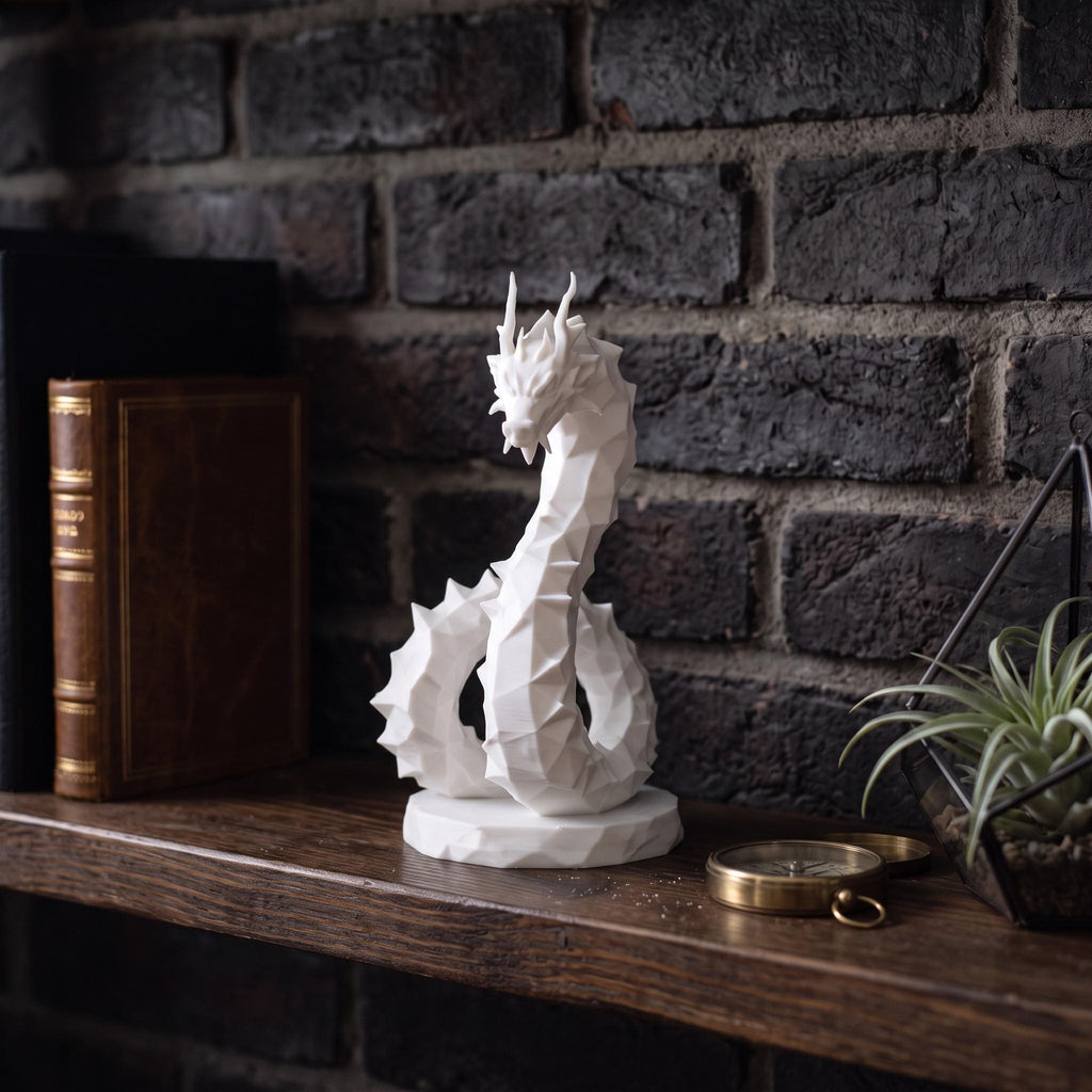 Low Poly Hydra Dragon Sculpture, 3D Printed White Geometric Fantasy Figurine, Modern Shelf Decor & Collectible Statue