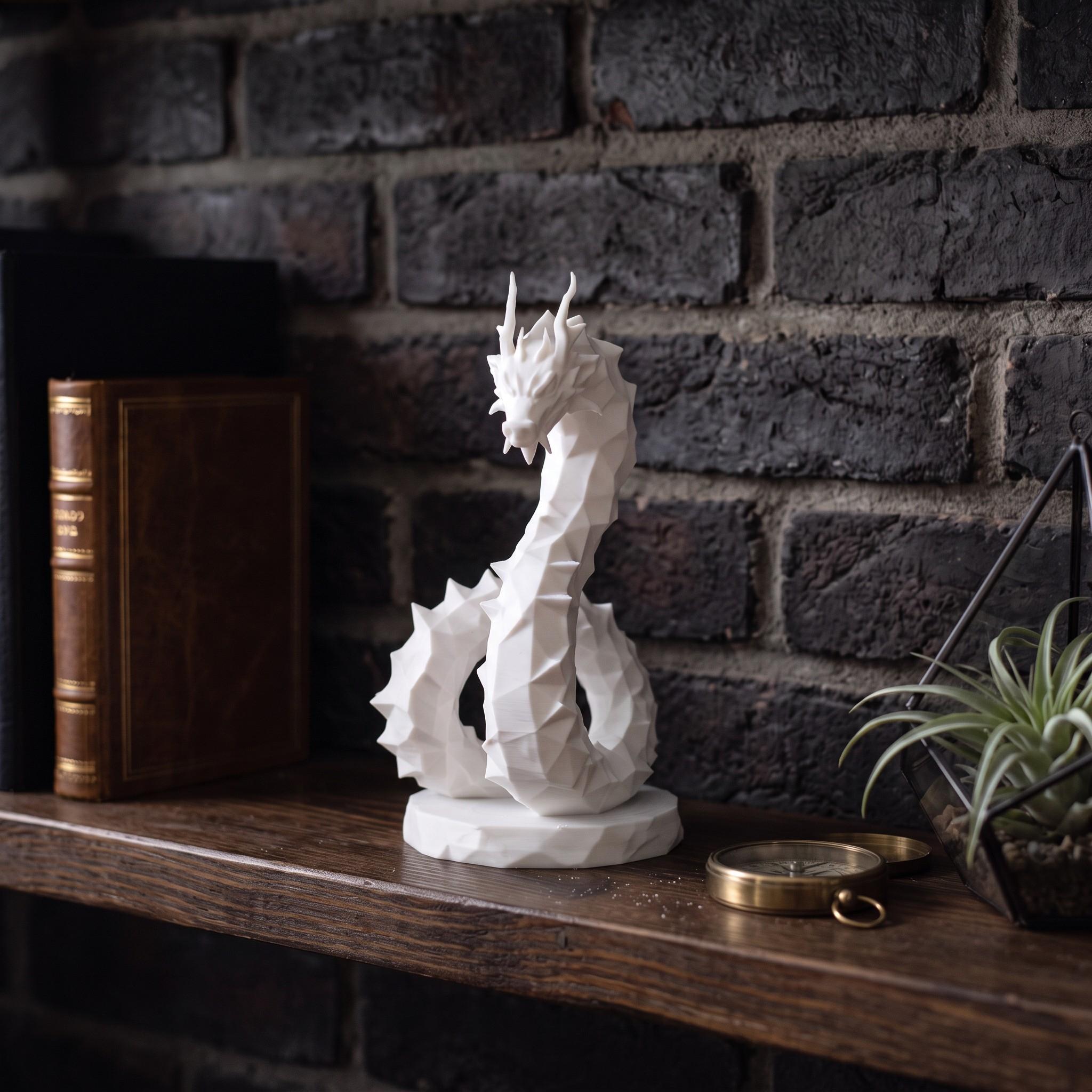 Low Poly Hydra Dragon Sculpture, 3D Printed White Geometric Fantasy Figurine, Modern Shelf Decor & Collectible Statue