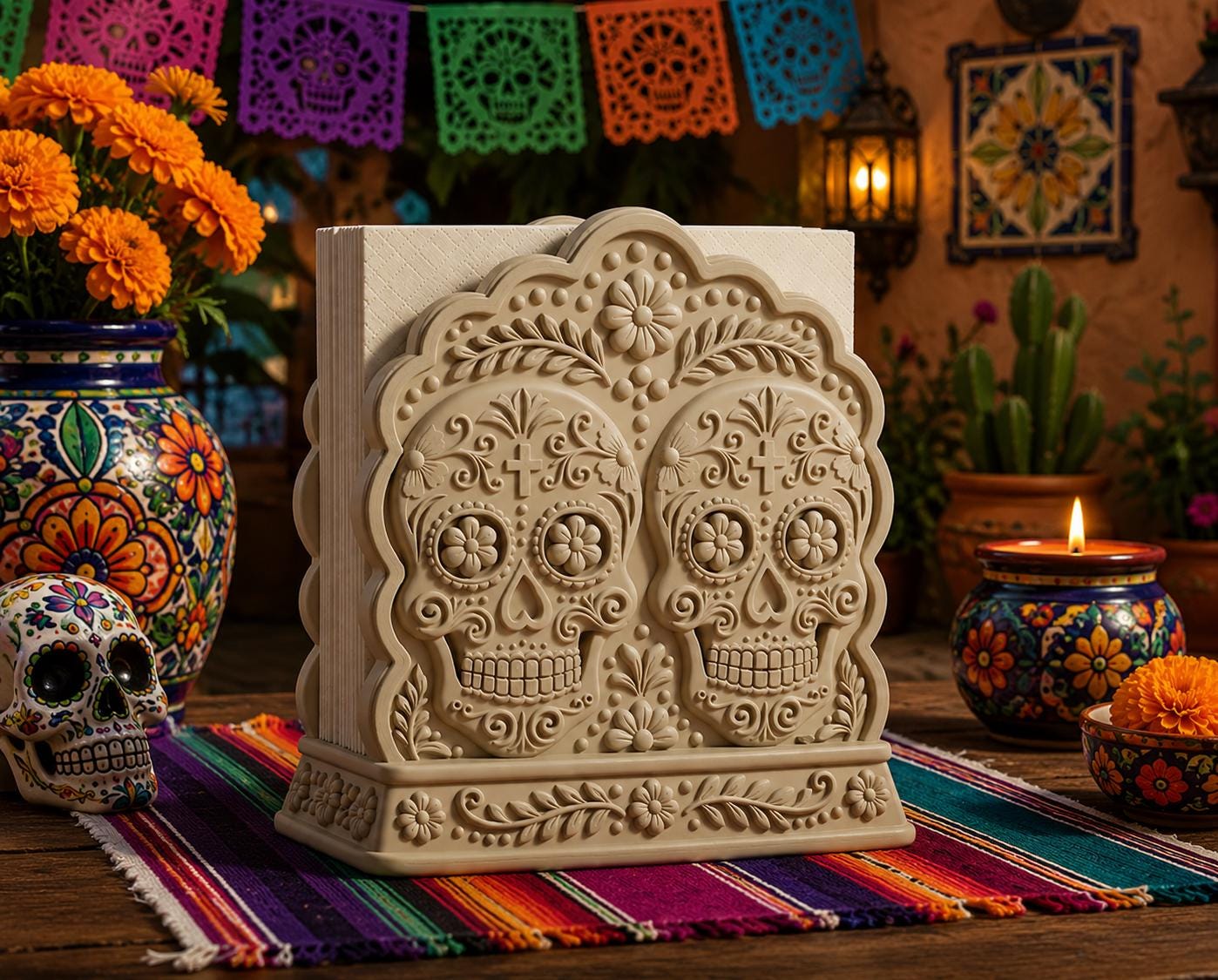Ornate Sugar Skull Napkin Holder, Sculptural Day of the Dead Table Accent, 3D Printed Dia de los Muertos Decor