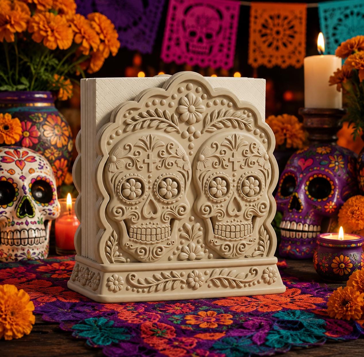 Ornate Sugar Skull Napkin Holder, Sculptural Day of the Dead Table Accent, 3D Printed Dia de los Muertos Decor