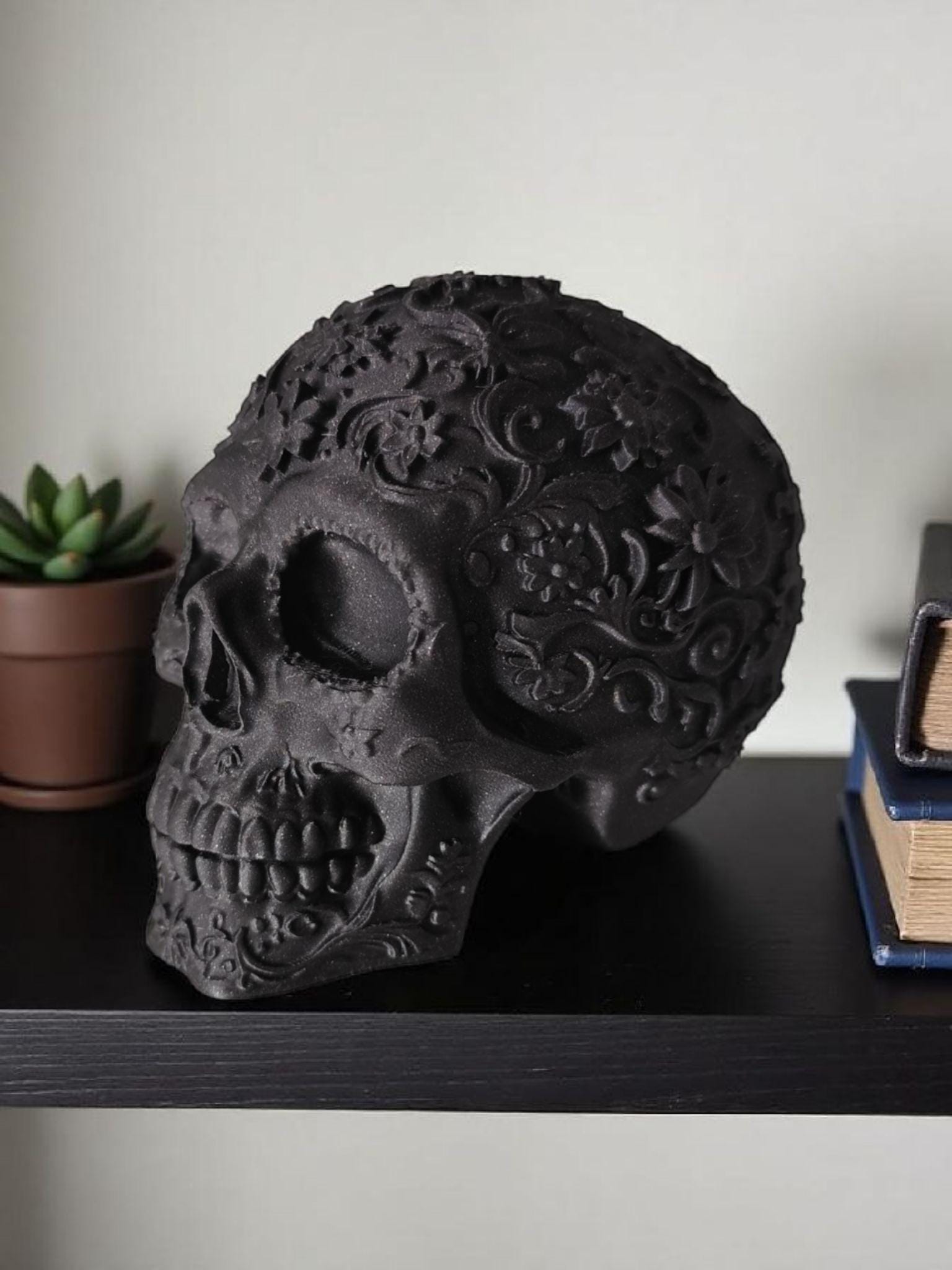 Mexican Ornament Skull, 3D Printed Day of the Dead Decor, Ornate Sugar Skull Sculpture, Dia de Los Muertos Halloween Display Piece