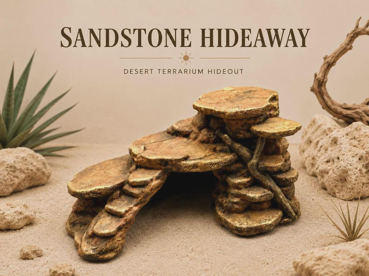 Sandstone Cave Hide Terrarium Decor, 3D Printed Desert Rock Hideout for Bearded Dragon Gecko Tarantula, PLA Dry / PETG Humid Vivarium