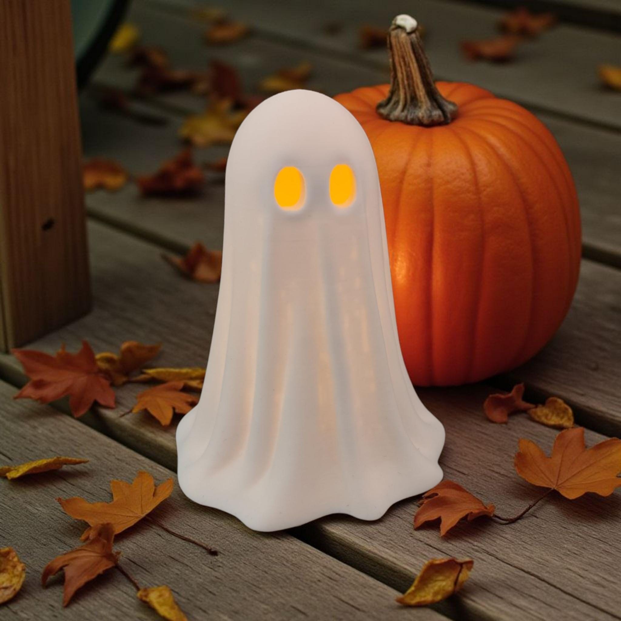 Ghost Lamp for LED Tealight, 3D Printed Halloween Decor, Cute Spooky Night Light, Fall Mantel & Desk Decoration