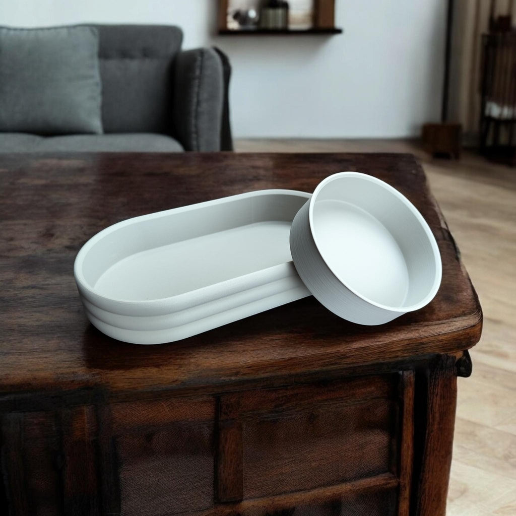Mid-Century Modern Catch-All Tray with Sliding Coin Bowl, 3D Printed Ribbed Valet Tray, Modern Desk & Dresser Organizer