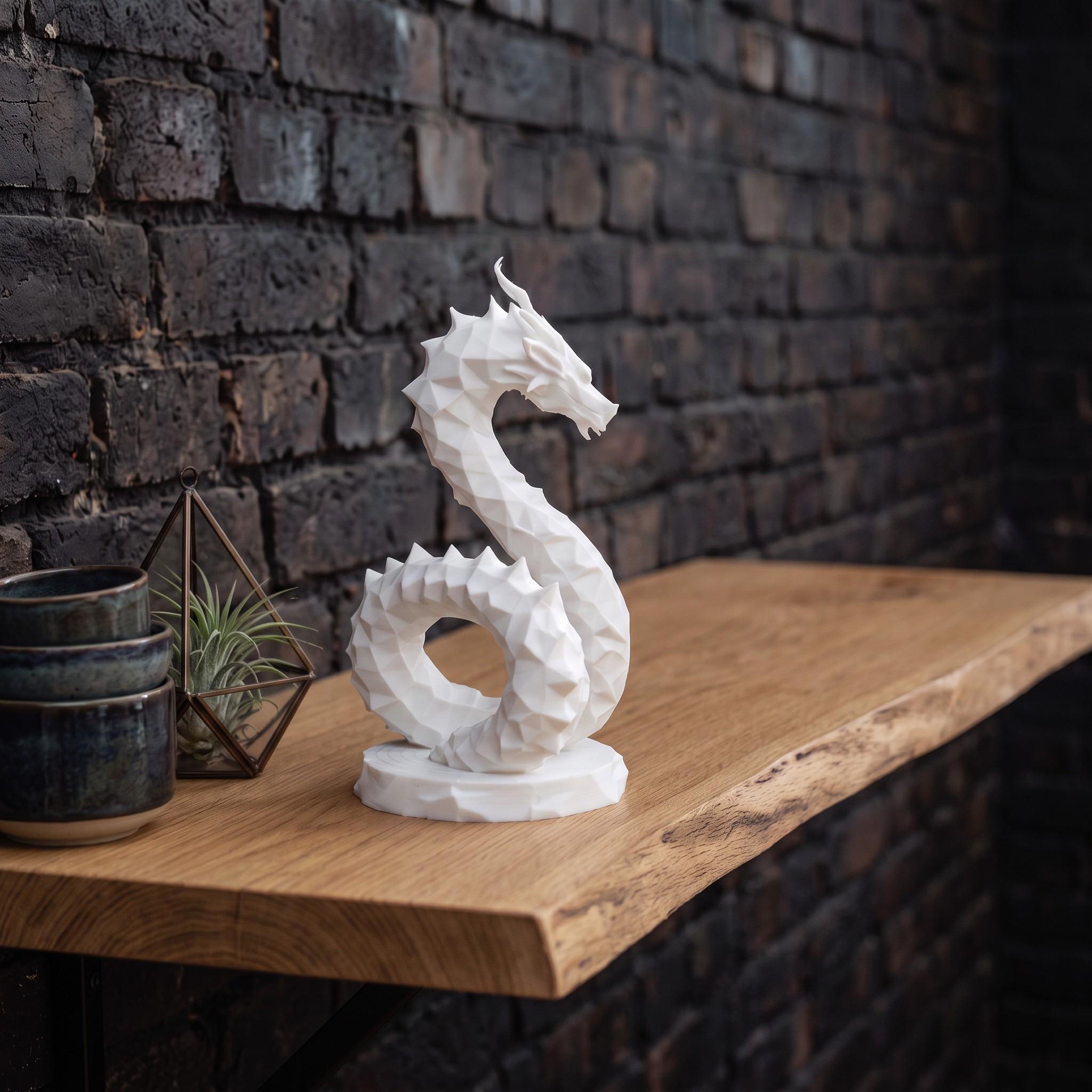 Low Poly Hydra Dragon Sculpture, 3D Printed White Geometric Fantasy Figurine, Modern Shelf Decor & Collectible Statue
