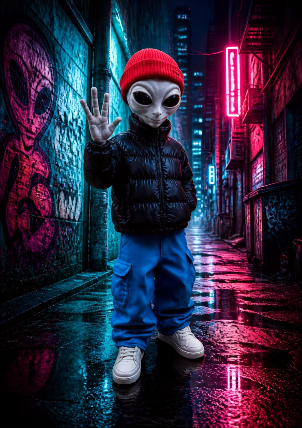 Gray Alien Figurine 3D Printed, Urban Streetwear Alien Desk Decor, Sci-Fi Shelf Collectible