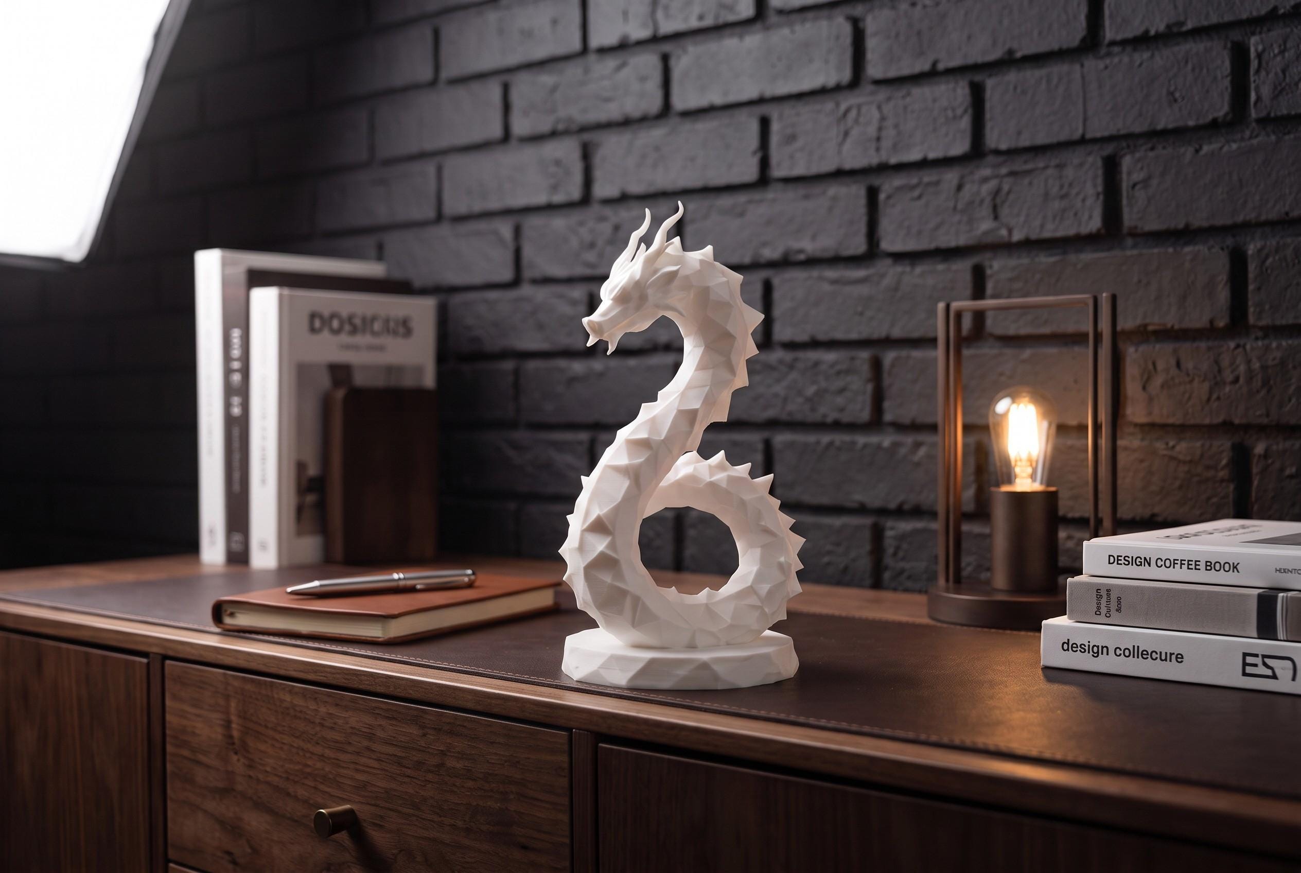 Low Poly Hydra Dragon Sculpture, 3D Printed White Geometric Fantasy Figurine, Modern Shelf Decor & Collectible Statue