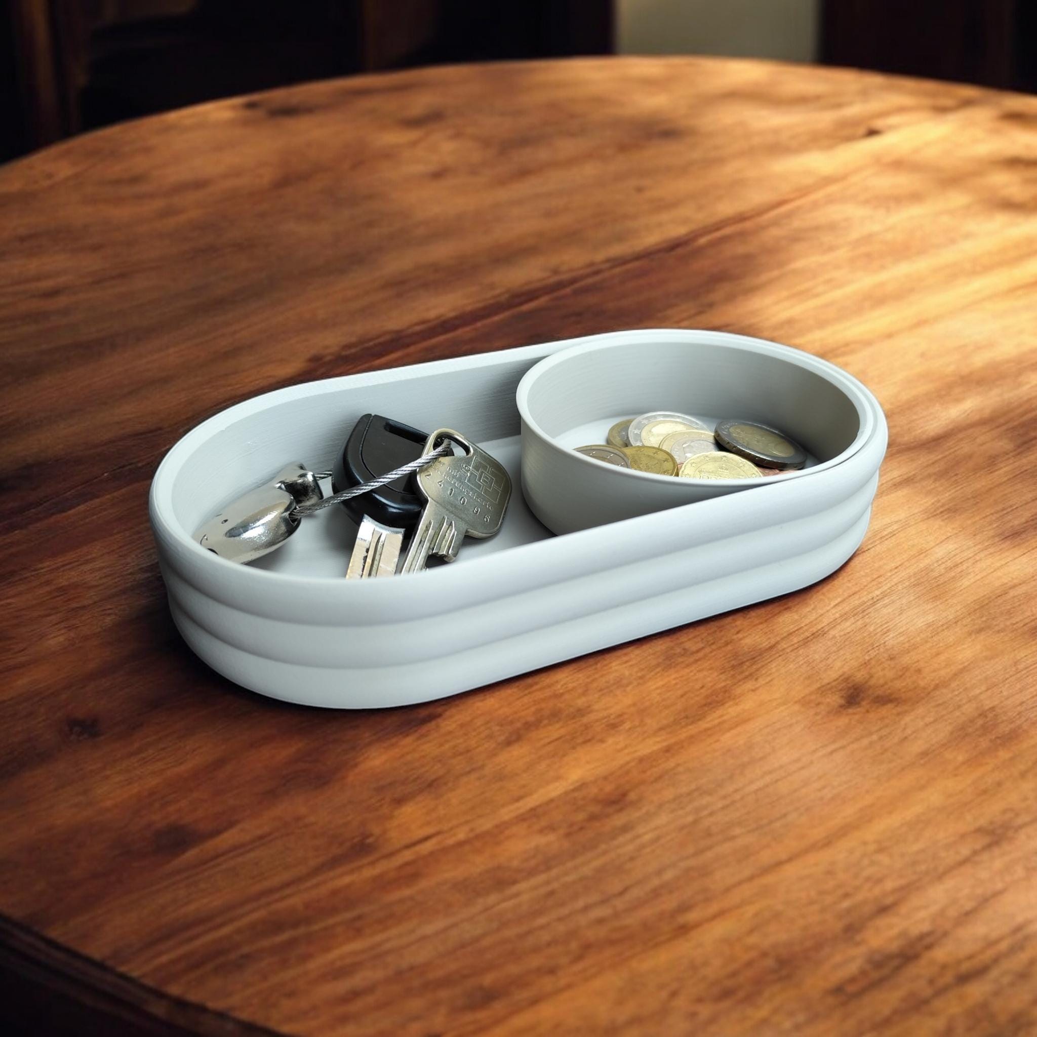 Mid-Century Modern Catch-All Tray with Sliding Coin Bowl, 3D Printed Ribbed Valet Tray, Modern Desk & Dresser Organizer