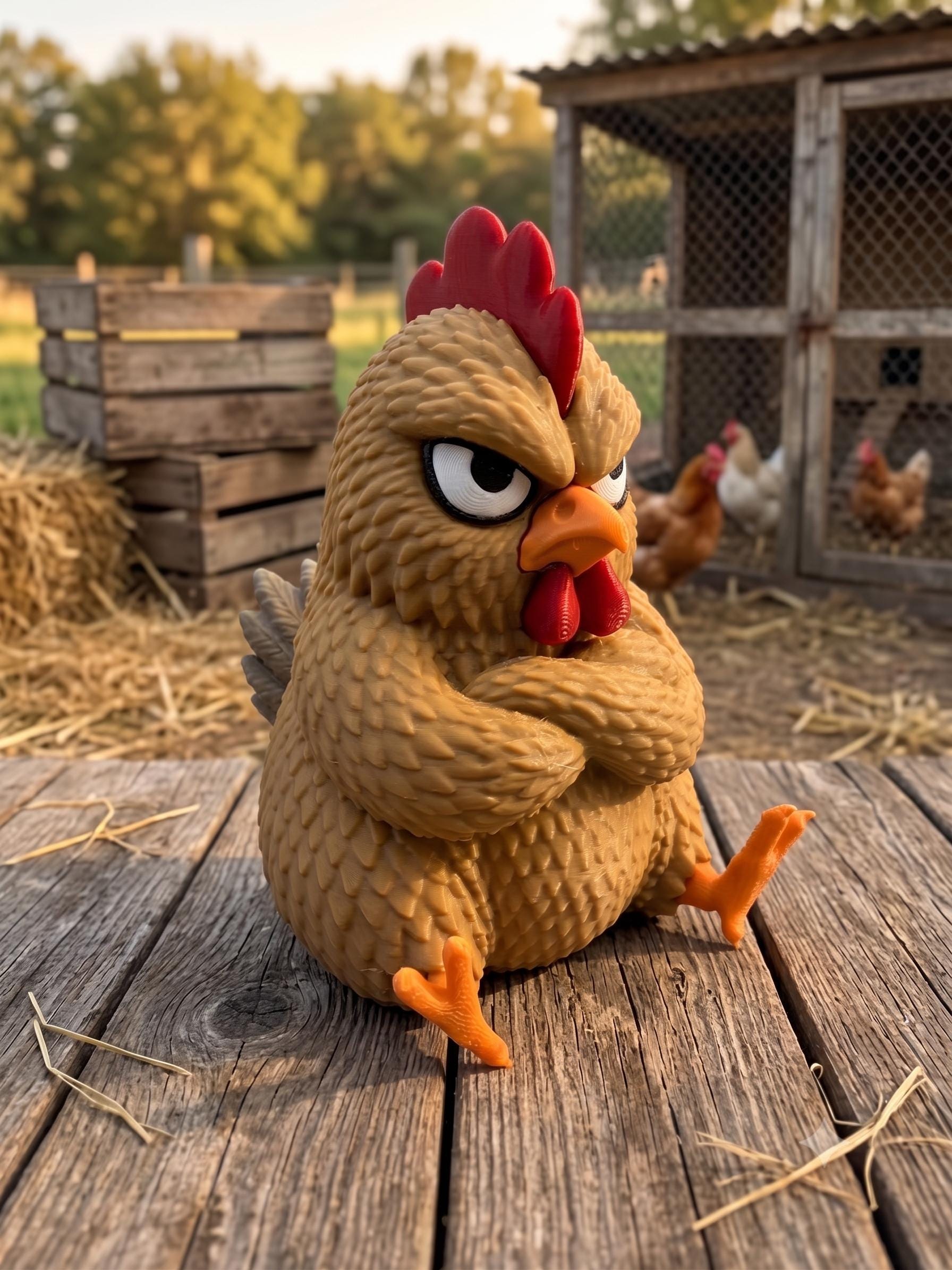 Skeptical Chicken Figurine, Crossed-Wing Grumpy Hen Who Is Ready to Speak to the Manager
