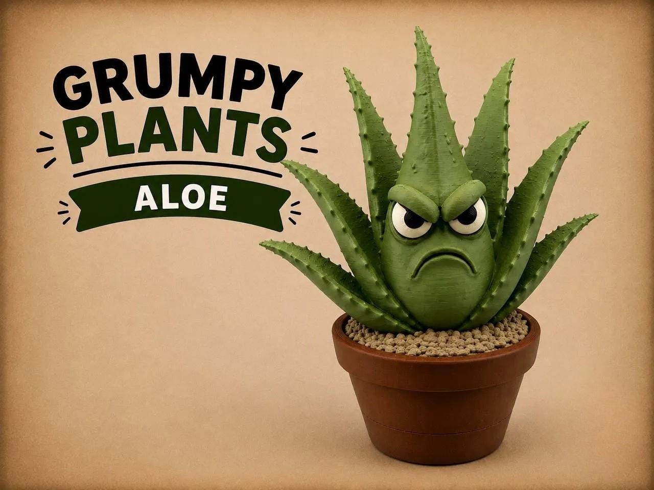 Grumpy Aloe Plant Figurine, Funny 3D Printed Succulent Desk Decor, Office Shelf Collectible
