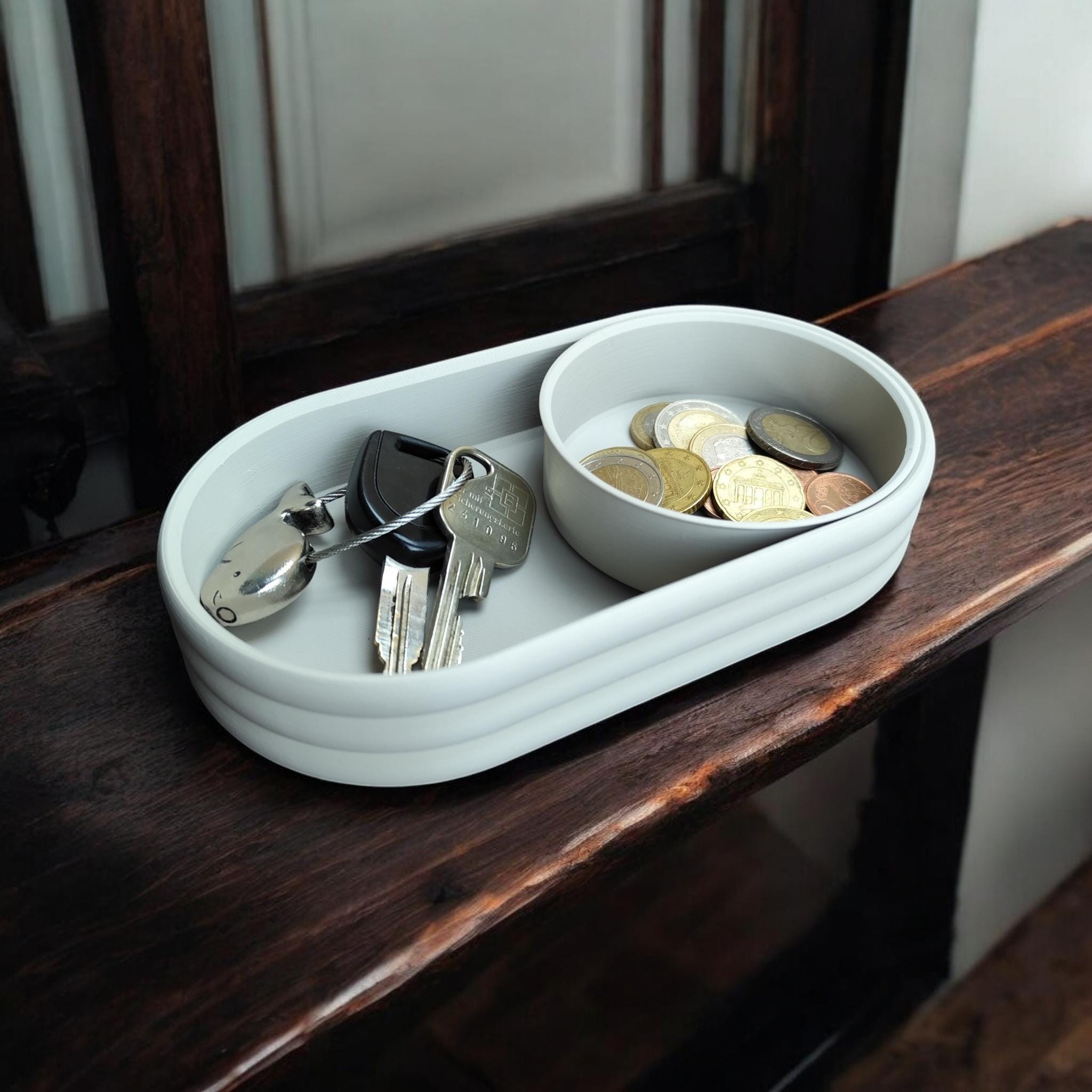 Mid-Century Modern Catch-All Tray with Sliding Coin Bowl, 3D Printed Ribbed Valet Tray, Modern Desk & Dresser Organizer