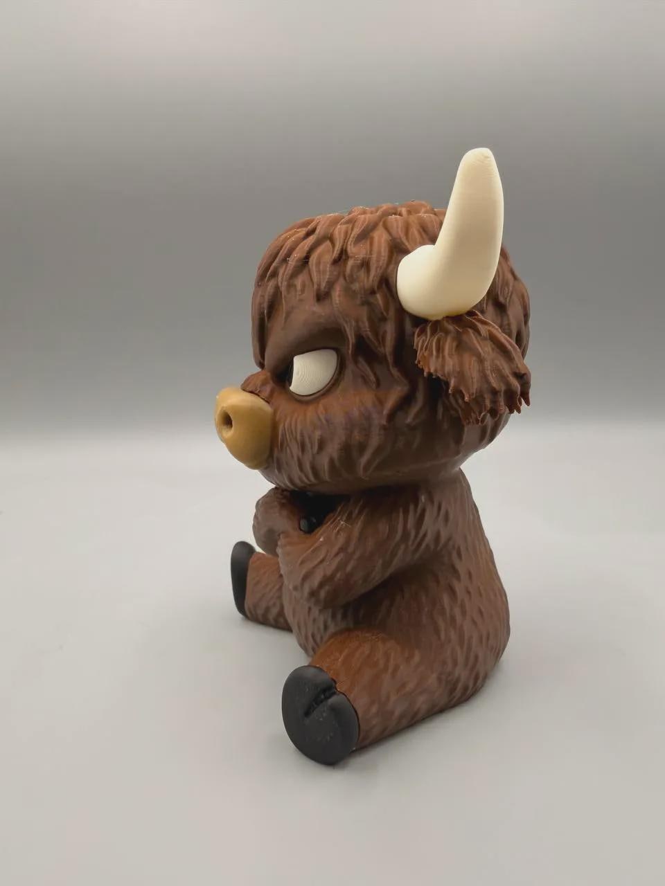 Grumpy Highland Cow 3D Printed Figurine, Funny Fluffy Cow Desk Decor, Office Shelf Collectible