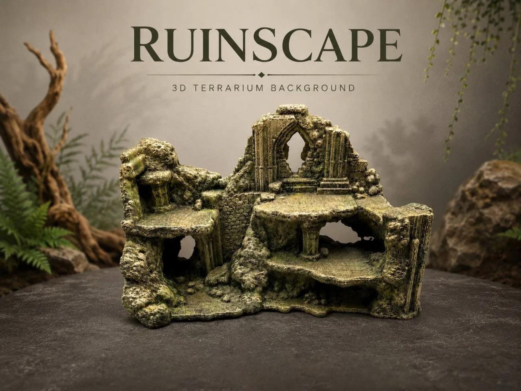 Ruinscape 3D Terrarium Background Panel, Ancient Ruins Vivarium Decor, Crested Gecko Dart Frog Isopod Tarantula, PETG or PLA