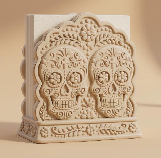 Ornate Sugar Skull Napkin Holder, Sculptural Day of the Dead Table Accent, 3D Printed Dia de los Muertos Decor