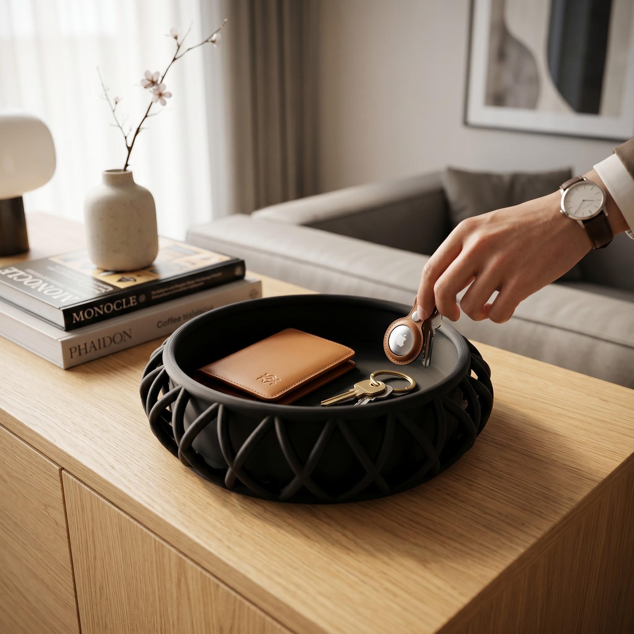 Customizable Basket Key Tray | Interchangeable Entryway Bowl | Faux Woven Catchall Dish | Seasonal Valet Tray | 3D Printed Home Decor Gift