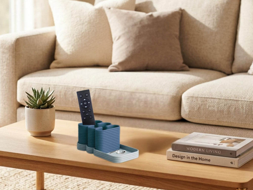 Remote Holder with Catchall Tray Desk Organizer, 3 Compartment 3D Printed Caddy, Removable Insert, Minimalist Tabletop Valet