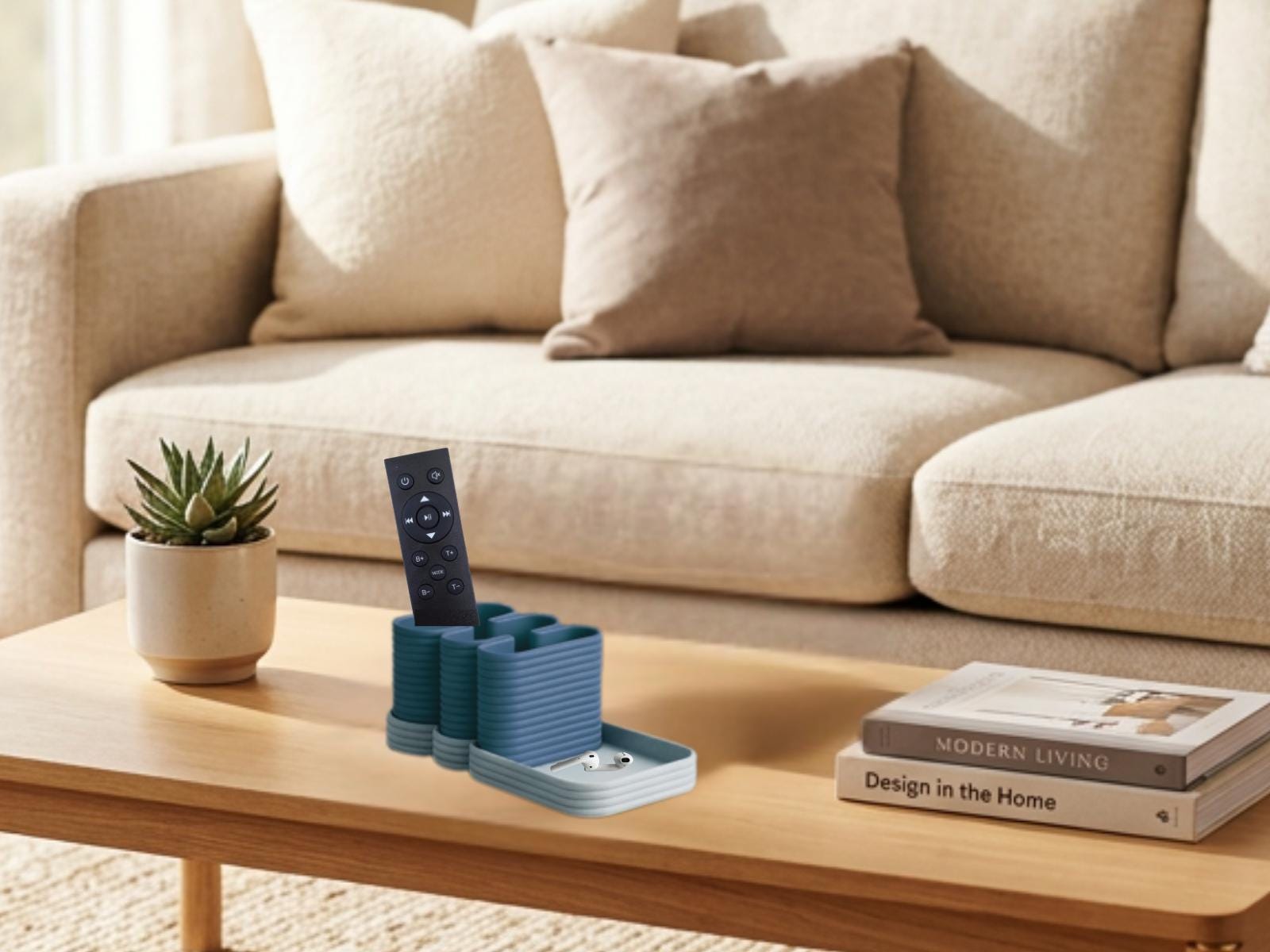 Remote Holder with Catchall Tray Desk Organizer, 3 Compartment 3D Printed Caddy, Removable Insert, Minimalist Tabletop Valet