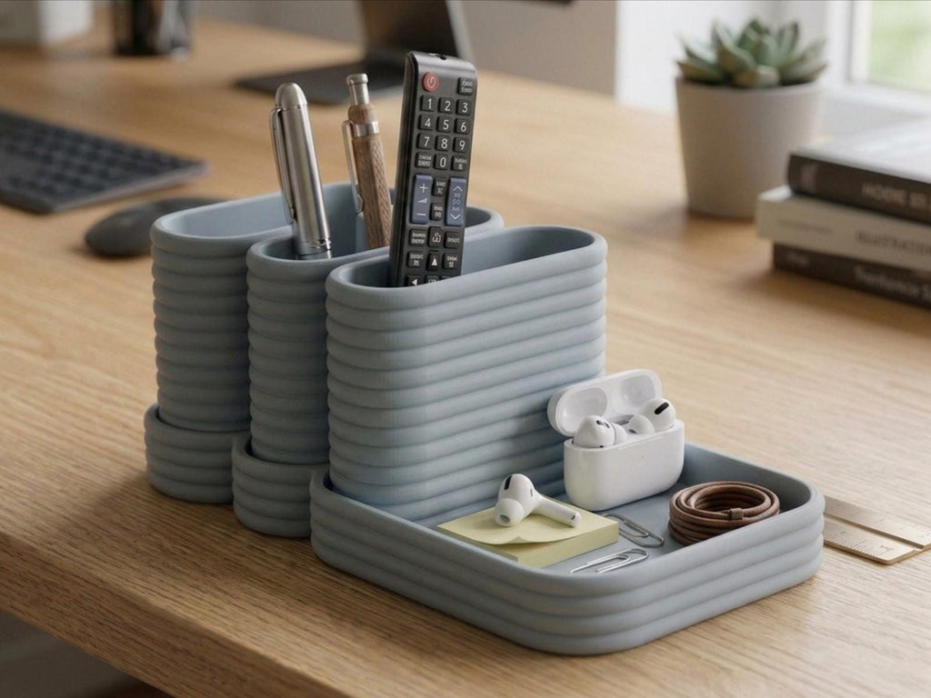 Remote Holder with Catchall Tray Desk Organizer, 3 Compartment 3D Printed Caddy, Removable Insert, Minimalist Tabletop Valet