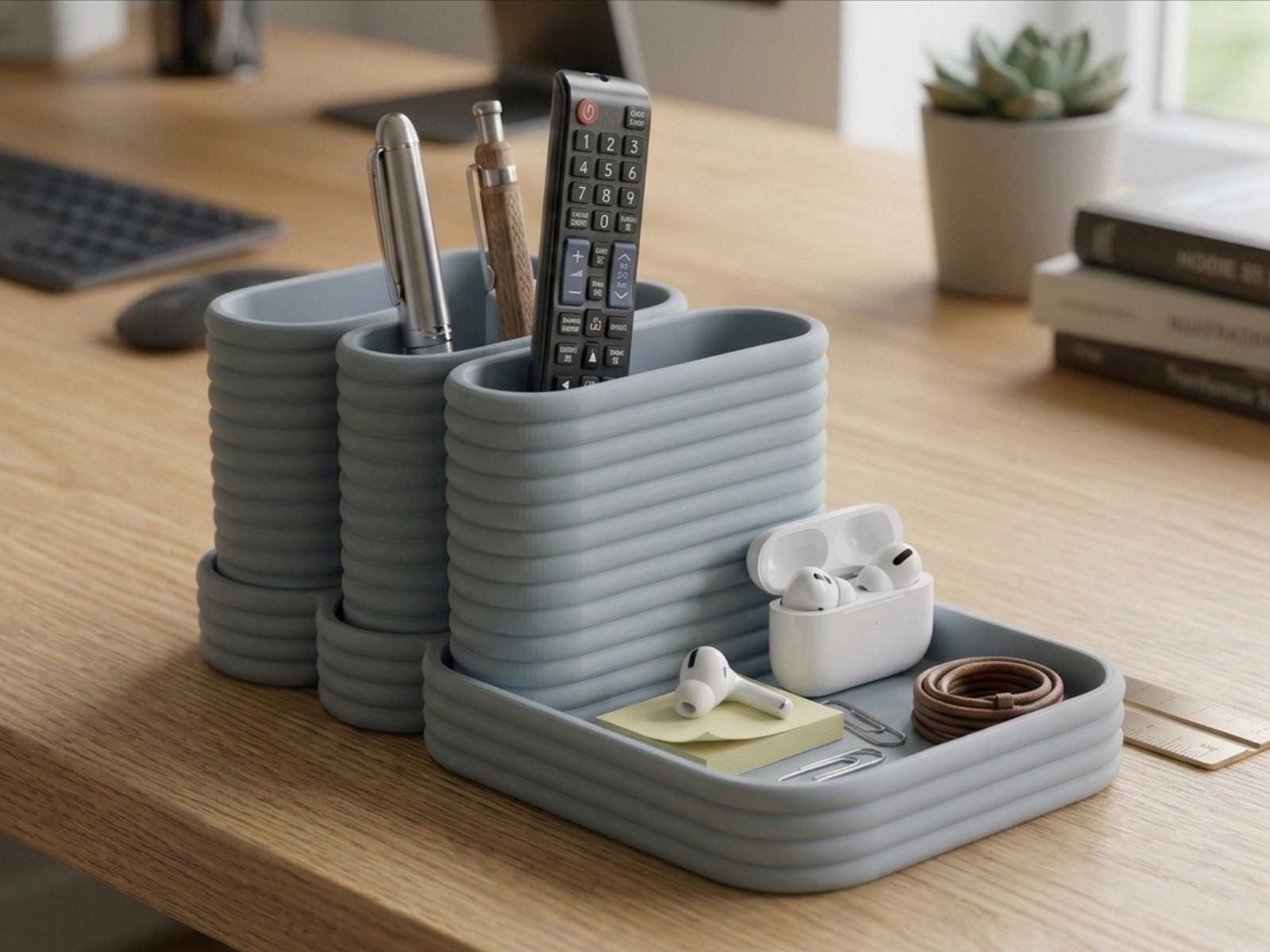 Remote Holder with Catchall Tray Desk Organizer, 3 Compartment 3D Printed Caddy, Removable Insert, Minimalist Tabletop Valet