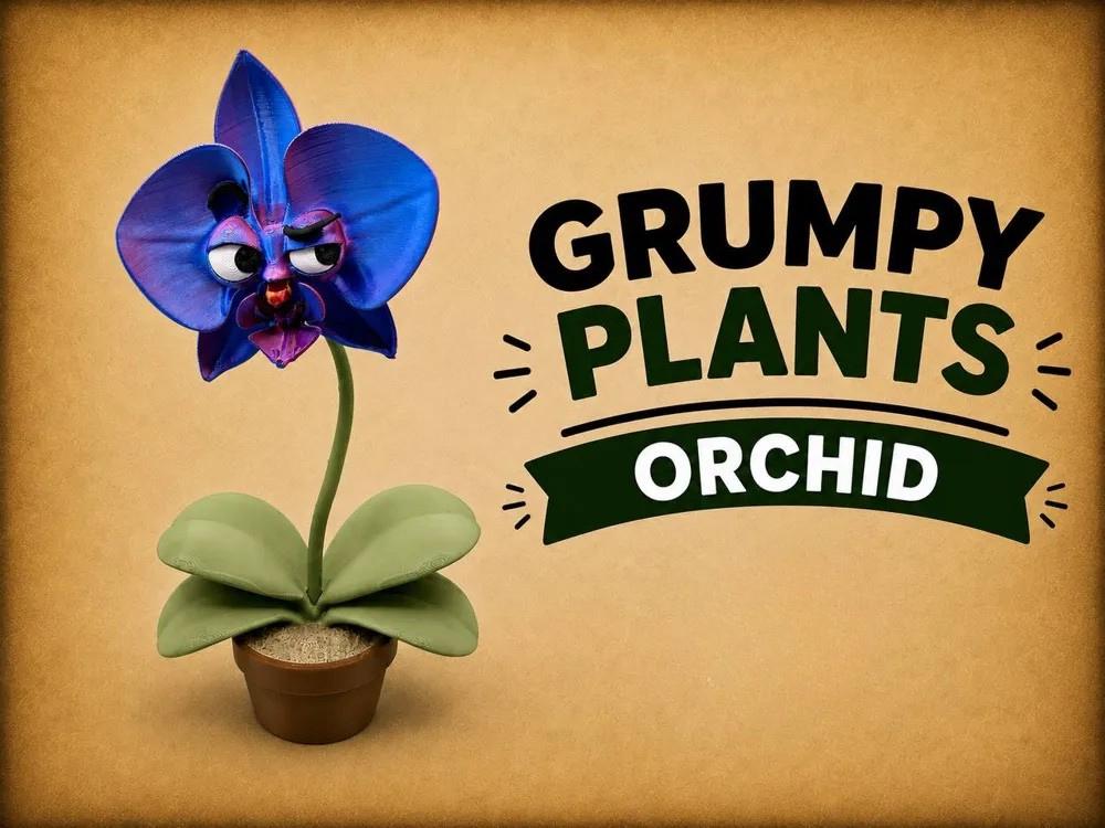Grumpy Orchid 3D Printed Figurine, Funny Faux Orchid Plant Decor for Office Desk and Shelf