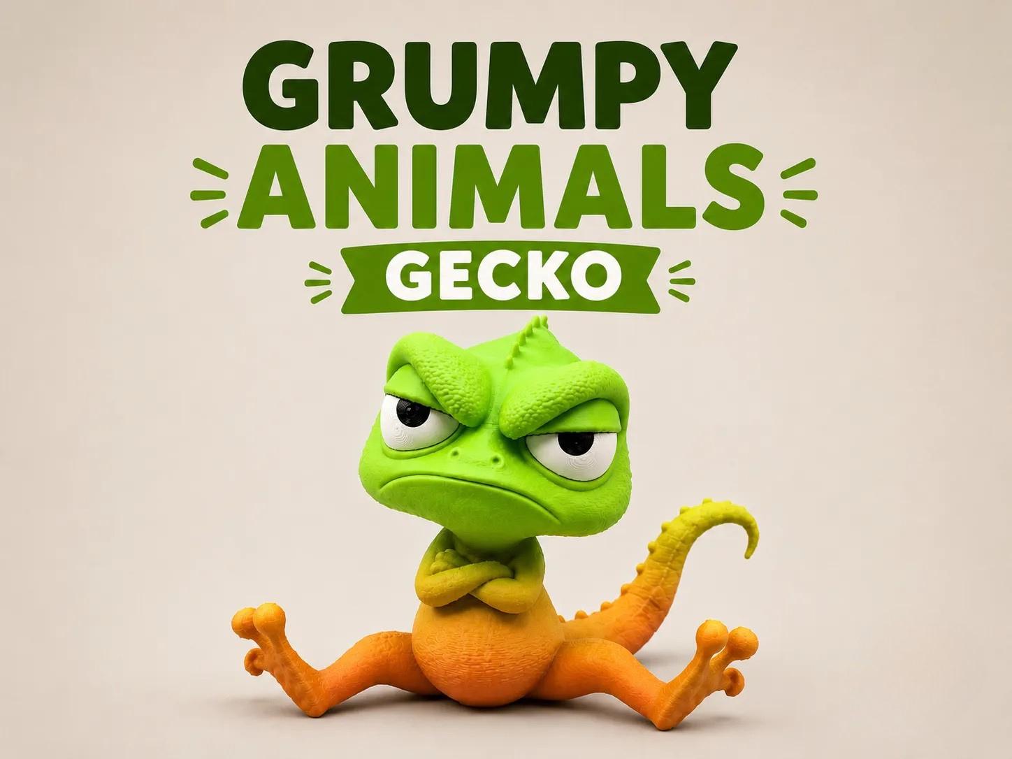 Grumpy Gecko 3D Printed Figurine, Funny Lizard Desk Decor, Reptile Lover Office Shelf Collectible