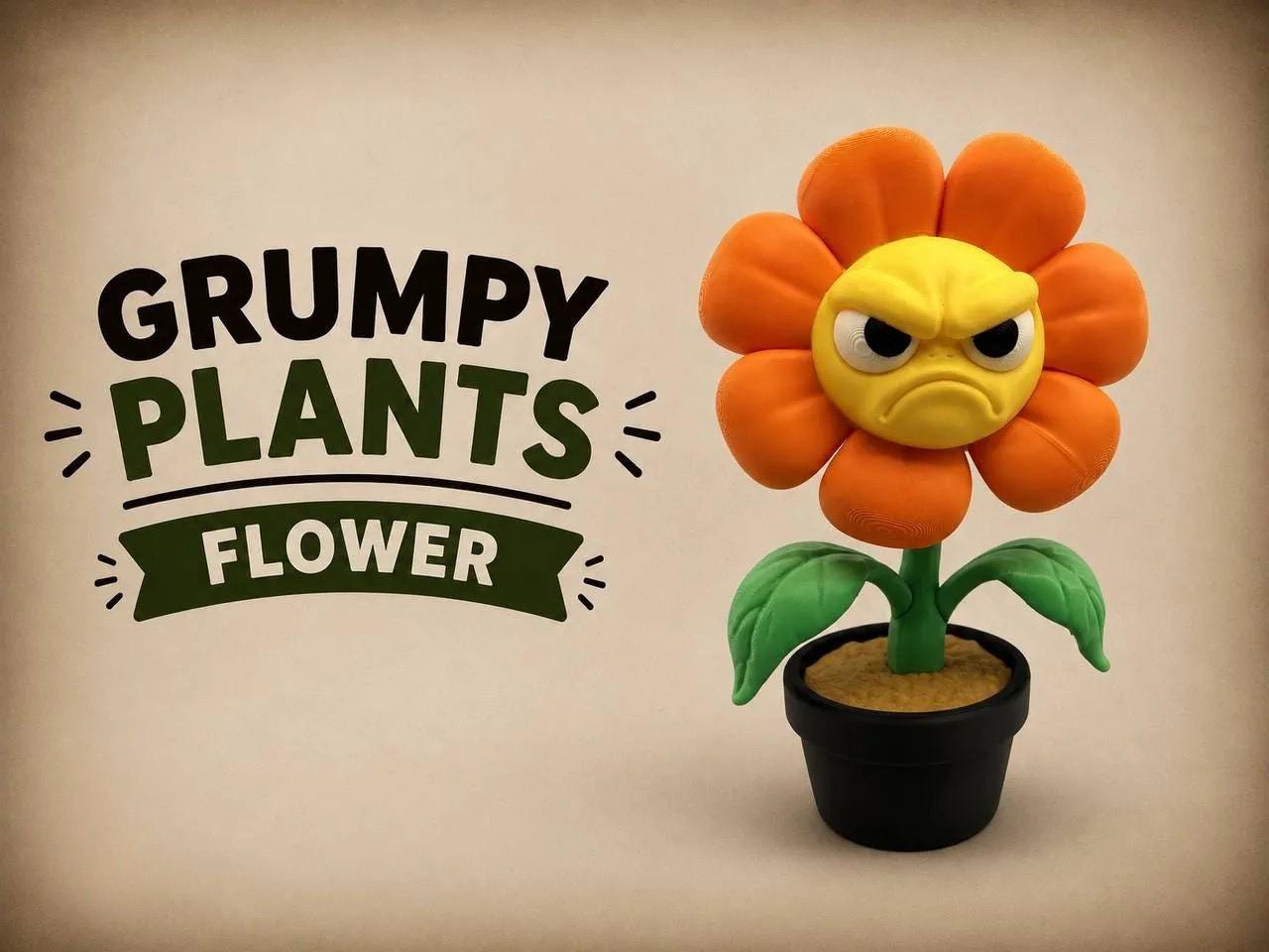 Grumpy Plant Flower Figurine, 3D Printed Fake Potted Plant Decor, Funny Office Desk Shelf Collectible