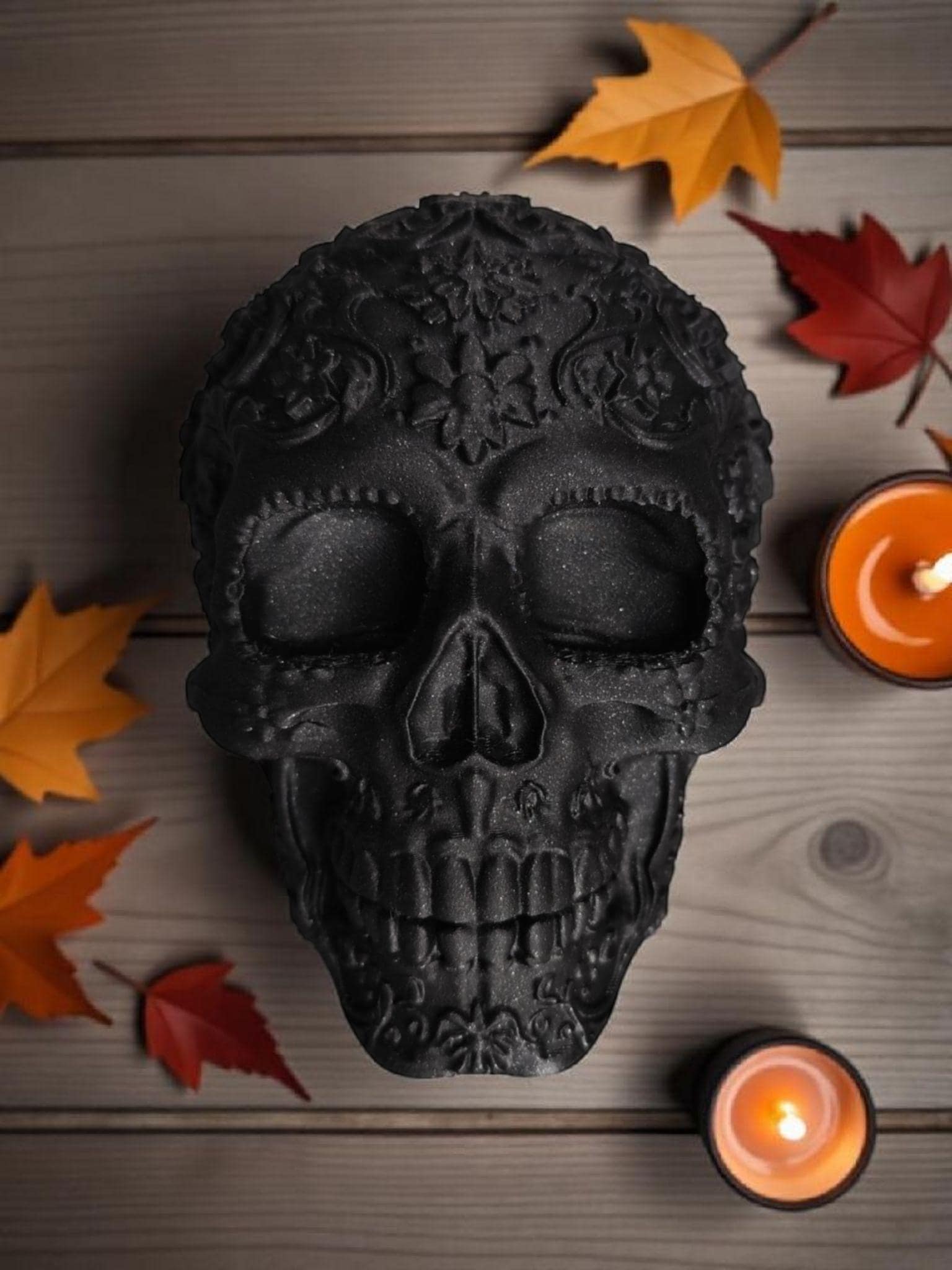 3D Printed Unpainted Floral Sugar Skull - Black Gothic Altar Decor - Dia de los Muertos Halloween Gift Idea - DIY Blank Oddities Ornament