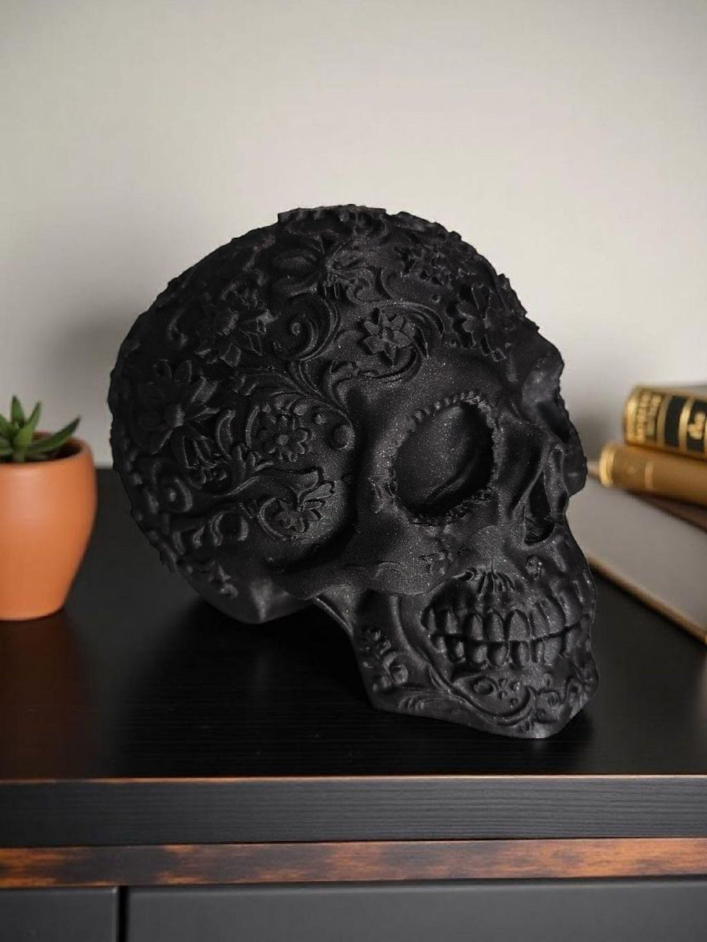 3D Printed Unpainted Floral Sugar Skull - Black Gothic Altar Decor - Dia de los Muertos Halloween Gift Idea - DIY Blank Oddities Ornament
