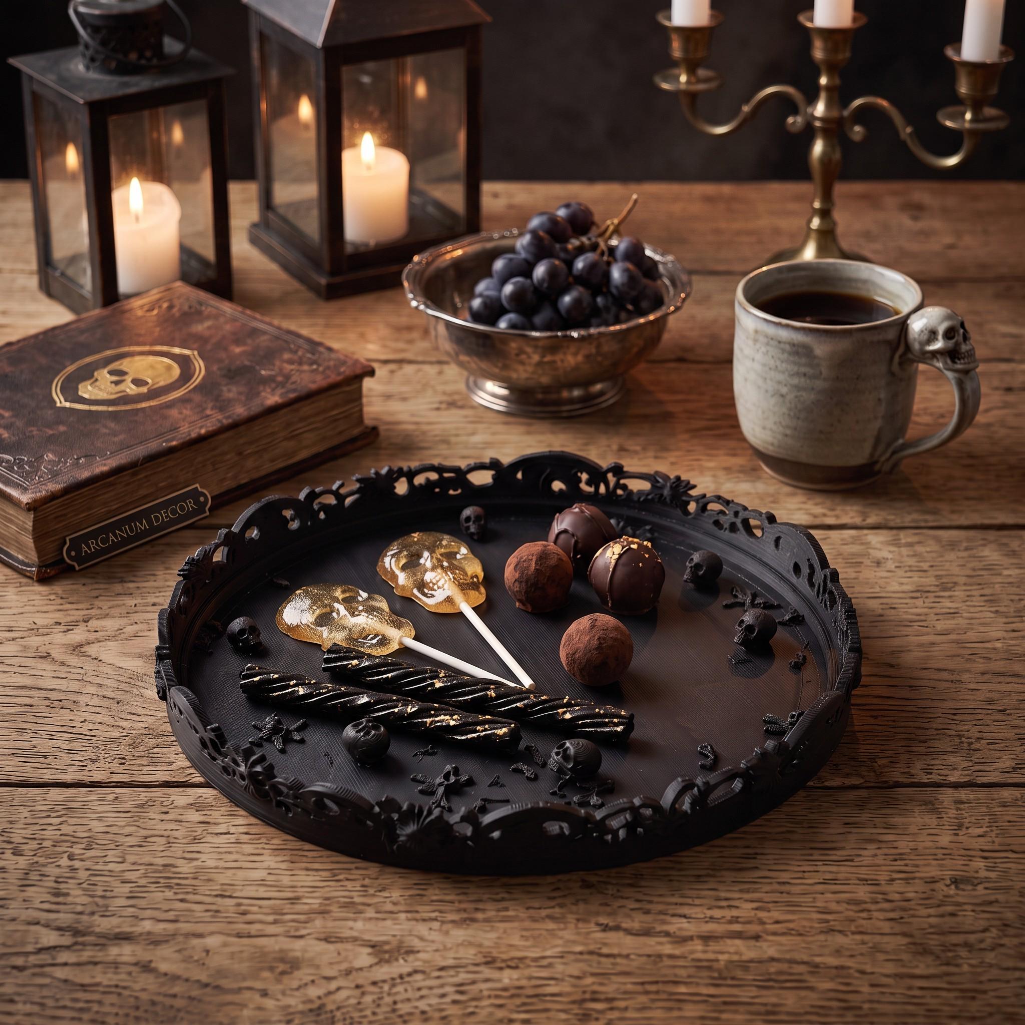 Ornate Gothic Skull Tray, Intricate 3D Printed Decorative Tray with Skull and Filigree Detail, Dark Academia Decor