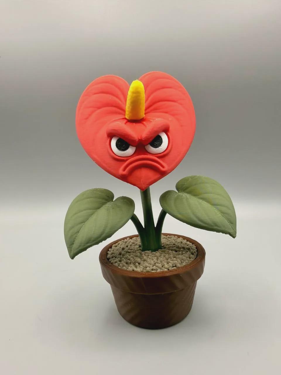 Grumpy Anthurium Figurine, Funny 3D Printed Plant Decor, Heart Shaped Flower With an Attitude, Desk and Shelf Collectible